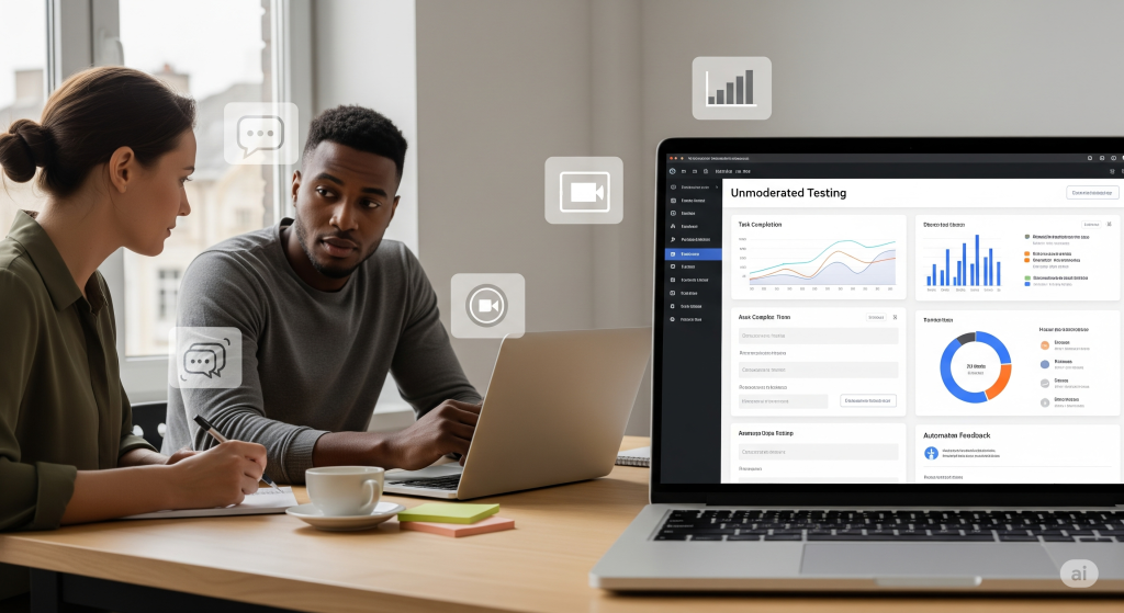 Two UX designer analyzing different types of usability testing through data and discussion.