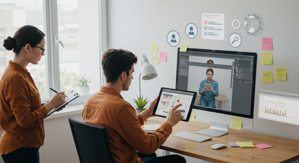 two UX researchers analyzing user interactions on digital devices, surrounded by checklists, user profiles, and analytics charts